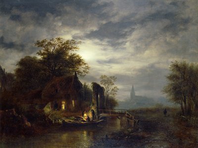 Månebelyst elvescene med figurer som losser en båt av Georg Gillis van Haanen