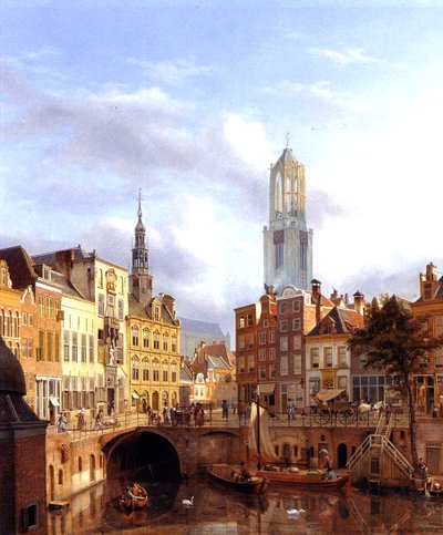 Utrecht med Oudegracht, 1827 olje på lerret av Georg Gillis van Haanen
