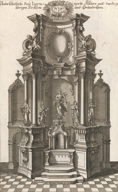 Design for et monumentalt alter, plate c fra 'Different New Inventory..., trykt ca. 1750-56. av Georg Gottfried Winckler