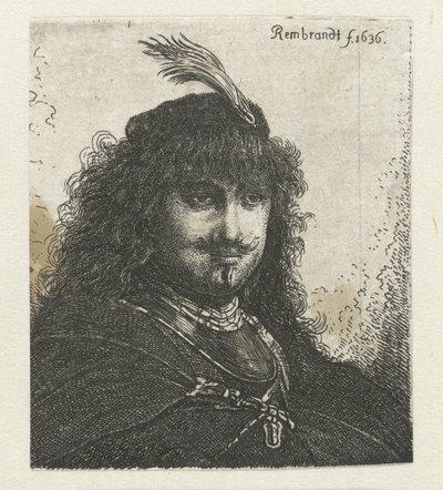 Selvportrett (?) med plymerhette og senket sabel av Georg Leopold Hertel