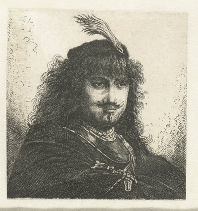 Selvportrett (?) med plymerhette og senket sabel av Georg Leopold Hertel