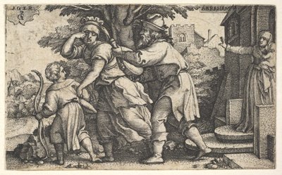 Abraham sender Hagar og Ismael bort: Abraham holder frem et kar som Hagar og Ishm..., ca. 1543. av Georg Pencz