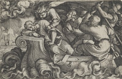 Kristus sover under stormen på Tiberiassjøen, fra Historien om Kristus, 1534-35. av Georg Pencz