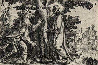 Kristus fristet av djevelen i ørkenen (gravering på lagt papir) av Georg Pencz