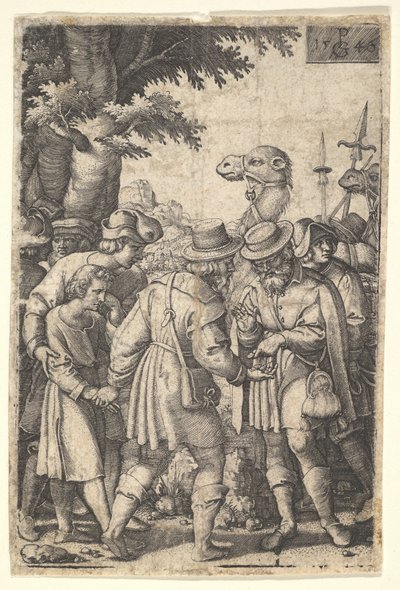 Joseph solgte til kjøpmennene: en skjeggete mann som griper Joseph med venstre hånd mottar co..., 1546. av Georg Pencz