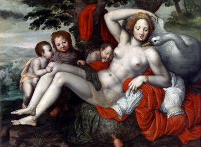 ""Leda and the Swan"" - Leda and the Swan av Pencz, Georg (Jorg) (1500/02-1550), midten av 1500-tallet. - Olje på tre, 92x126 - Museum of the Meadow, Madrid av Georg Pencz