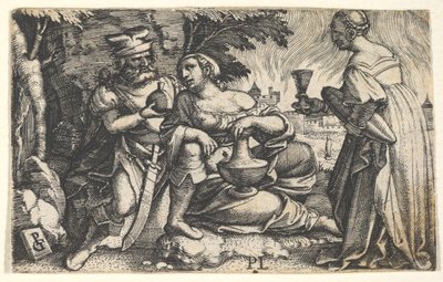 Lot og døtrene hans: en datter i midten hviler høyre arm på Lots kne og en ve..., ca. 1531. av Georg Pencz
