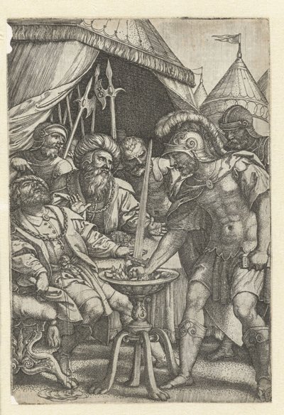 Mucius Scaevola legger høyre hånd i ilden Romerske helter (serietittel) av Georg Pencz