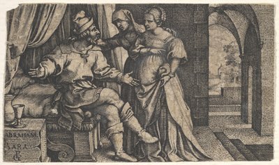 Sarah presenterer Hagar for Abraham, som sitter ved fotenden av en seng, fra serien The..., ca. 1543. av Georg Pencz