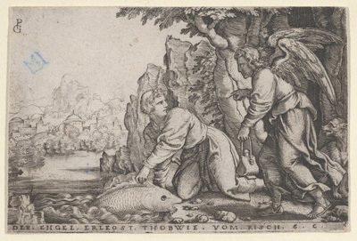 Tobiolus Catches the Fish, fra The Story of Tobias, 1543. av Georg Pencz