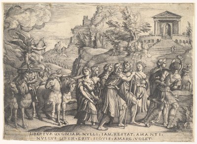 Triumph of Love: fire hester trekker en vogn med Cupid stående på en rykende plattform..., ca. 1539. av Georg Pencz