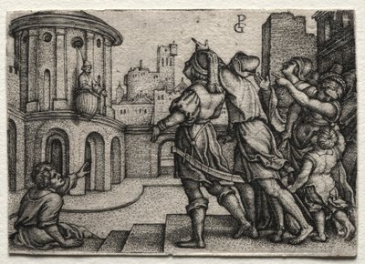 Virgil henger i en kurv, ca. 1541-42. av Georg Pencz