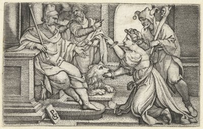 Kvinne erklærer sin uskyld under ed Sannhetens munn Bocca della Verita av Georg Pencz