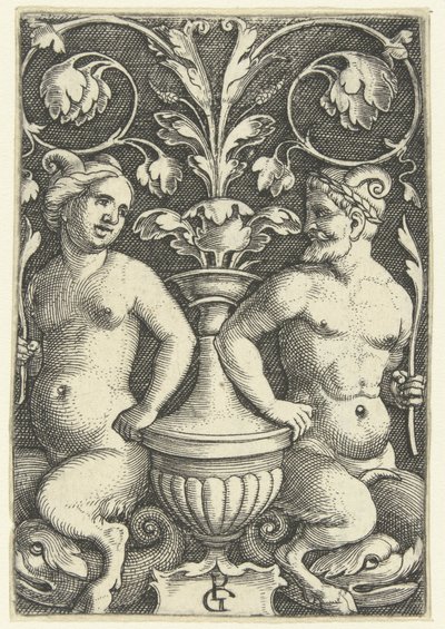 Kvinnelig og mannlig satyr Overflatedekorasjoner med grotesker og bladranker (serietittel) av Georg Pencz