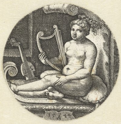 Sittende naken kvinne med en harpe harpespiller av Georg Pencz