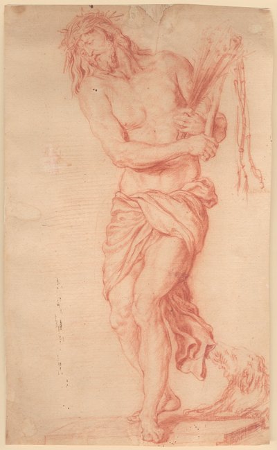 Ecce Homo. Stående, lidende Kristus med ris og knytt pisk og tornekrone på hodet av Georg Petel