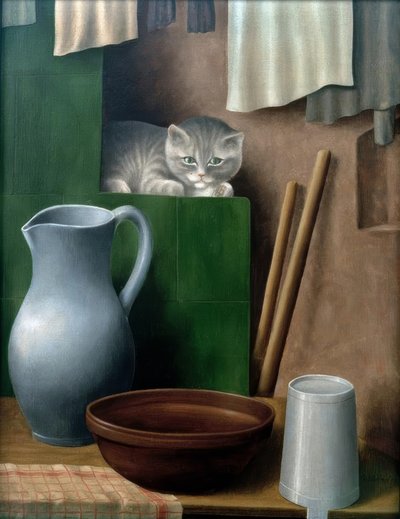 Stilleben med en katt (ovnshjørne) av Georg Schrimpf