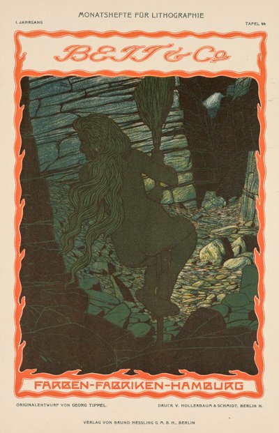 Naken kvinne på et kosteskaft (fra annonseserien for farget stoff, Beit & Co., Hamburg) av Georg Tippel