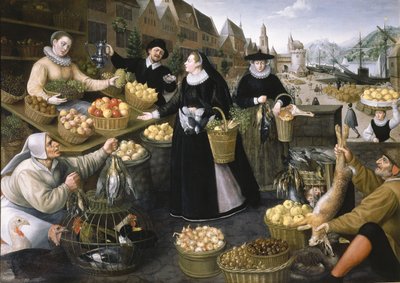 An Allegory of Autumn: en frukt- og grønnsaksbod over Weinmarkt i Frankfurt am Main av Georg and Valkenborch Lucas Van Flegel