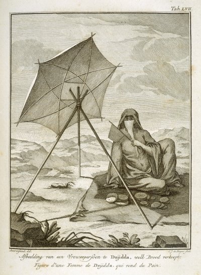 Kvinne fra Dsjidda lager flatbrød i ørkenen, gravert av C.J. de Huyser, utgitt ca. 1772-74 av Georg Wilhelm Baurenfeind