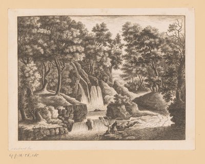 Foss i skog med to fiskere i forgrunnen av Georg Wolfgang Knorr (possibly)
