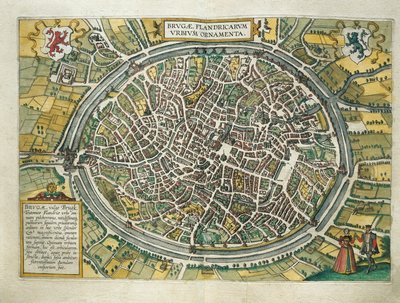 Belgia, Brugge kart fra Cities of the World av Georg Braun (1541-1622) og Franz Hogenberg (1540-1590), Köln, gravering av Georg Braun and Hogenberg Franz