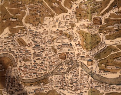 Byen Roma, kartplate, detalj fra Civitates orbis terrarum, Cities of the World, av George Braun (1541-1622) og Franz Hogenberg (1535-1590), aktiv i Köln, gravering, Italia av Georg Braun and Hogenberg Franz