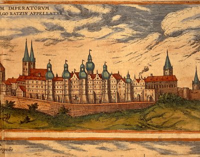 Tsjekkia, Praha, Utsikt over palasset, fargegravering fra Civitates Orbis Terrarum av Georg Braun (1541-1622) og Franz Hogenberg (1535-1590) av Georg Braun and Hogenberg Franz