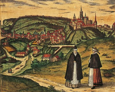 Tsjekkia, Praha, Utsikt over byen med citadellet i bakgrunnen, fargegravering fra Civitates Orbis Terrarum av Georg Braun (1541-1622) og Franz Hogenberg (1535-1590) av Georg Braun and Hogenberg Franz