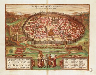 Israel og Palestina, Jerusalem, av Georg Braun og Franz Hogenberg, fra Civitates Orbis Terrarum, fargegravering av Georg Braun and Hogenberg Franz