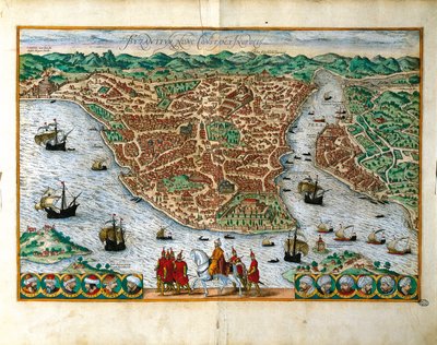 Italia, Milano, Perspektivutsikt over byen Konstantinpol av Georg Braun (1541-1622) og Franz Hogenberg (1535-1590), fargegravering av Georg Braun and Hogenberg Franz