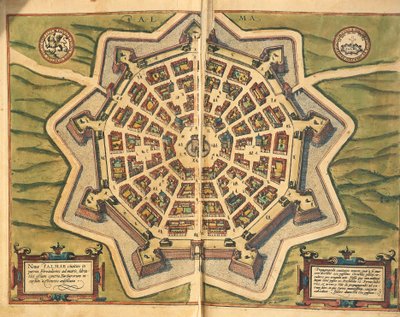 Italia, Palmanova, kart, gravering fra Civitates Orbis Terrarum av Georg Braun og Franz Hogenberg, aktiv i Köln av Georg Braun and Hogenberg Franz