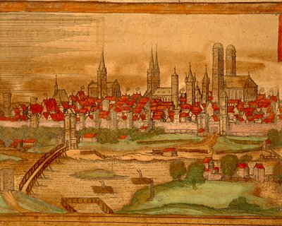 Kart over byen München fra Cities of the World av Georg Braun av Georg Braun and Hogenberg Franz