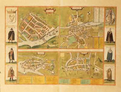 Kart over Galway, Dublin, Limerick og Cork fra Civitates Orbis Terrarum av Georg Braun av Georg Braun and Hogenberg Franz