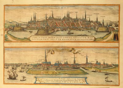 Kart over Lubeck og Hamburg fra Cities of the World av Georg Braun av Georg Braun and Hogenberg Franz