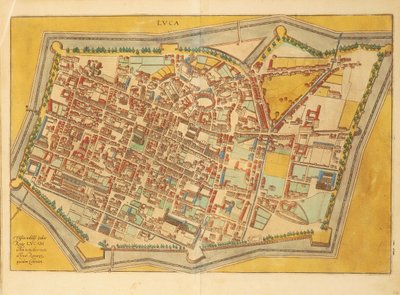 Kart over Lucca fra Cities of the World av Georg Braun av Georg Braun and Hogenberg Franz