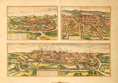 Kart over Montpellier, Tours og Poitiers fra Civitates Orbis Terrarum av Georg Braun av Georg Braun and Hogenberg Franz