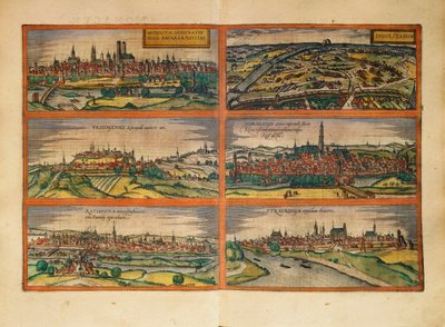 Kart over München, Ingolstadt, Freising, Nordlingen, Regensburg og Straubing, Tyskland, fra Civitates Orbis Terrarum av Georg Braun av Georg Braun and Hogenberg Franz
