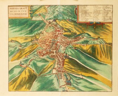Kart over Perugia fra Cities of the World av Georg Braun av Georg Braun and Hogenberg Franz