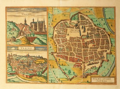 Kart over Urbino og Sulmona, Italia, fra Civitates Orbis Terrarum av Georg Braun av Georg Braun and Hogenberg Franz