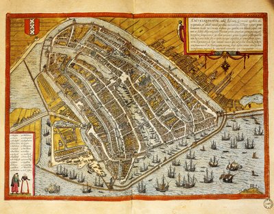 Nederland, kart over Amsterdam fra Civitates Orbis Terrarum av Georg Braun (1541-1622) og Franz Hogenberg (1535-1590), gravering av Georg Braun and Hogenberg Franz