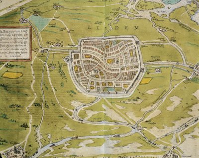 Nederland, kart over Leiden by og region fra Civitates Orbis Terrarum av Georg Braun (1541-1622) og Franz Hogenberg (1540-1590), Köln, gravering av Georg Braun and Hogenberg Franz