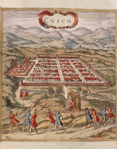 Peru, byen Cuzco, gravering av Georg Braun av Georg Braun and Hogenberg Franz