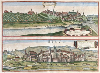 Sandomierz og Biecz, Polen (gravering av Georg Braun and Hogenberg Franz