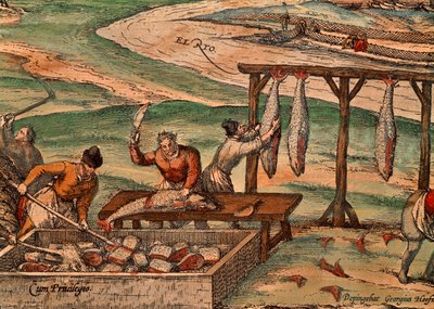 Tunfiskbehandling av Franz Hogenberg (cirka 1540-cirka 1590), scene fra Verdens stater av Georg Braun (1541-1622) og Franz Hogenberg (cirka 1540-cirka 1590) av Georg Braun and Hogenberg Franz