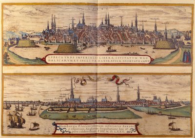 På toppvisningen av byen Lubeck, under byen Hamburg i Tyskland. Gravering fra atlaset til "Braun og Hogenberg" 1572 av Georg Braun and Hogenberg Franz