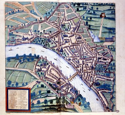 Basel (Sveits), fugleperspektiv - i ""Atlas"" av Braun & Hogenberg av Georg Braun and Hogenberg Franz