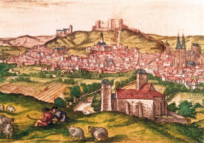 Byen Burgos i Spania med gjetere og saueflokk i forgrunnen (1576). Gravering i Civitatis Orbis Terrarum, av Georg Braun and Hogenberg Franz