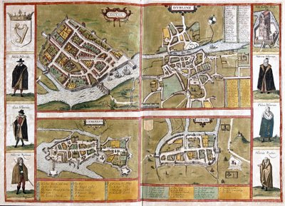 Galway, Dublin, Limerick og Cork, Irland (gravering av Georg Braun and Hogenberg Franz