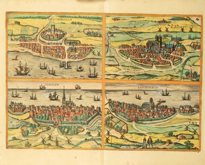 Helsingborg, Lund, Malmø, Elbogen og Landskrona, fra Verdensbyene, Köln av Georg Braun and Hogenberg Franz